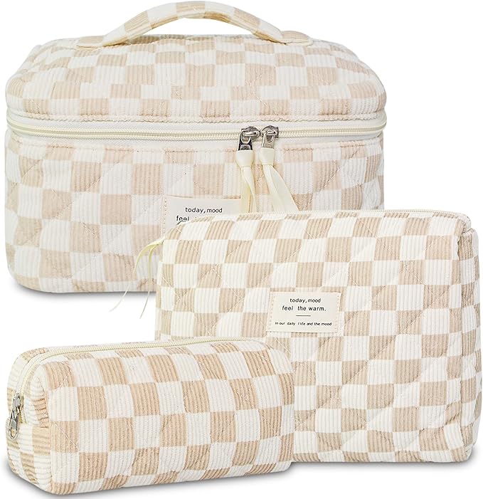 3Pcs Makeup Bag Cotton Quilted Travel Cosmetic Bag Cute Floral Makeup Pouch Large Toiletry Bag for Women Girls
