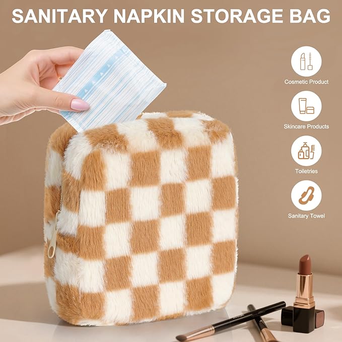 Sanitary Napkin Storage Bag, Period Bag for Teen Girls, Checkered Portable Menstrual Pad Pouch for Panty Liners, Tampon Storage Pouch for Women Ladies Daily Use Storage Purse Travel
