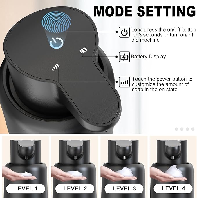 Automatic Foaming Soap Dispenser 15oz/420ml Foaming Hand Sanitizer Touchless Wall Mount with 4levels Adjustable Free Touch Electric Soap Dispenser Rechargeable with Sensor(Black)