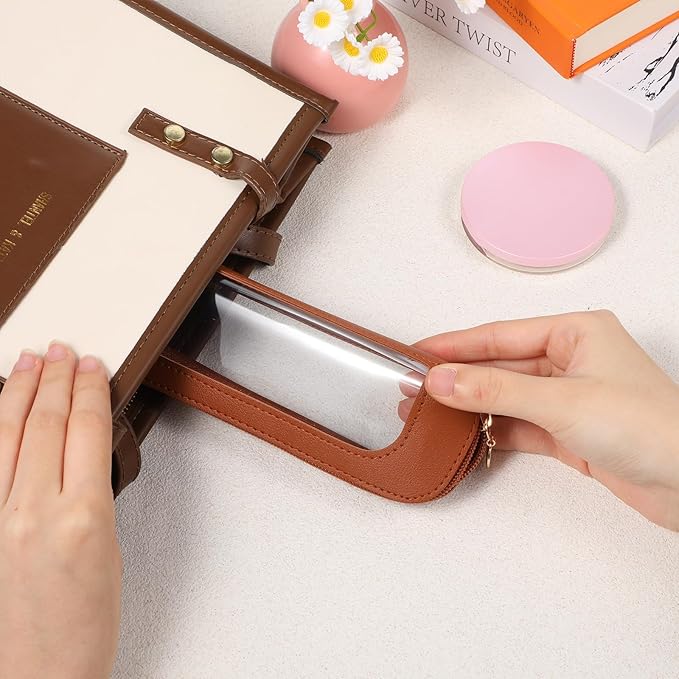 Lusofie Small Makeup Brushes Bag, PU Leather Clear Makeup Brush Bag, Portable Make-up Brush Pouch with Zipper, Multi-use Cosmetic Organizer Bags for Women(Brown)