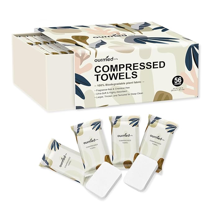 Ourmed Life Compressed Towel Tablets – Portable, Individually Wrapped Disposable Face Towels, Quickly Expand with Water, Soft & Lint-Free, 12‘’x10‘’ for Travel, Camping, Hiking, Backpacking (56 Count)