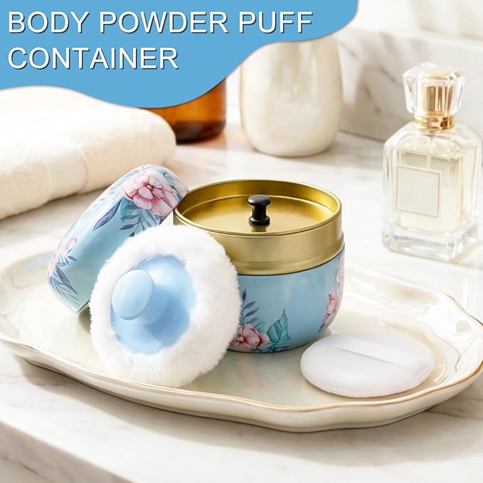 SHIMIDO Body Powder Puff and Container, 3.15" Portable Empty Body Powder Container for Baby Women's Loose Dusting Powder, Powder Case Box with Lids for Bath, Travel and Home Use (Big Flower)