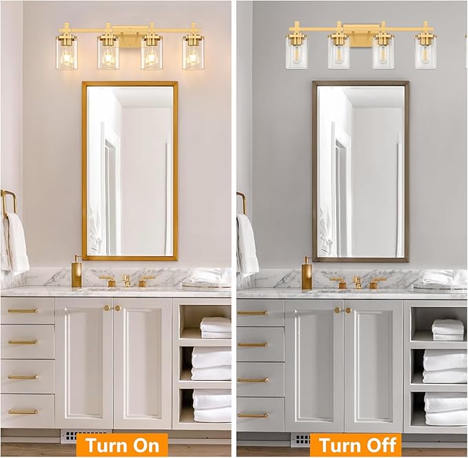 4-Lights Gold Bathroom Vanity Light Over Mirror, Brushed Gold Bathroom Wall Lights with Glass Shades, Indoor Wall Mounted Lamp for Living Room Bedroom Hallway