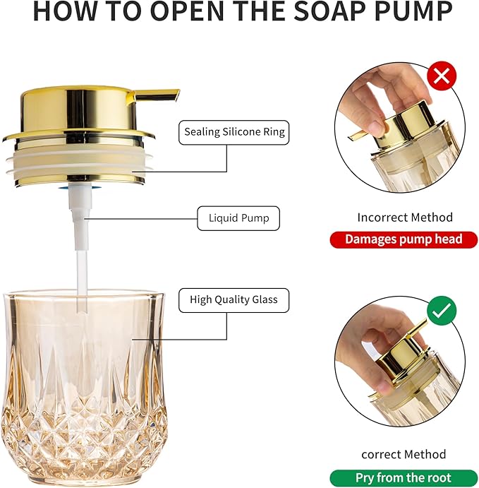 Glass Soap Dispenser,Glod Bathroom Hand Liquid Soap Dispensers,Refillable Modern Home Soap Dispenser for Bathroom,Kitchen(Gold Liquid Type/1Pcak)