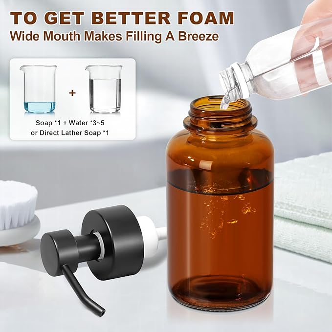 Amber Foam Soap Dispenser, 14.1 oz/400ml Foaming Hand Soap Dispenser, 2 Pack Glass Foaming Dispenser for Bathroom & Kitchen, Refillable Liquid Dispenser Bottle with Waterproof Labels