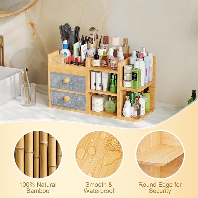 Large Makeup Organizer Countertop For Vanity Dresser, Bamboo Bathroom Counter Organizers And Storage,Cosmetic Skincare Perfume Organizer With 3 Makeup Brush Holder/2 Drawers/5 Shelves /8 Compartments