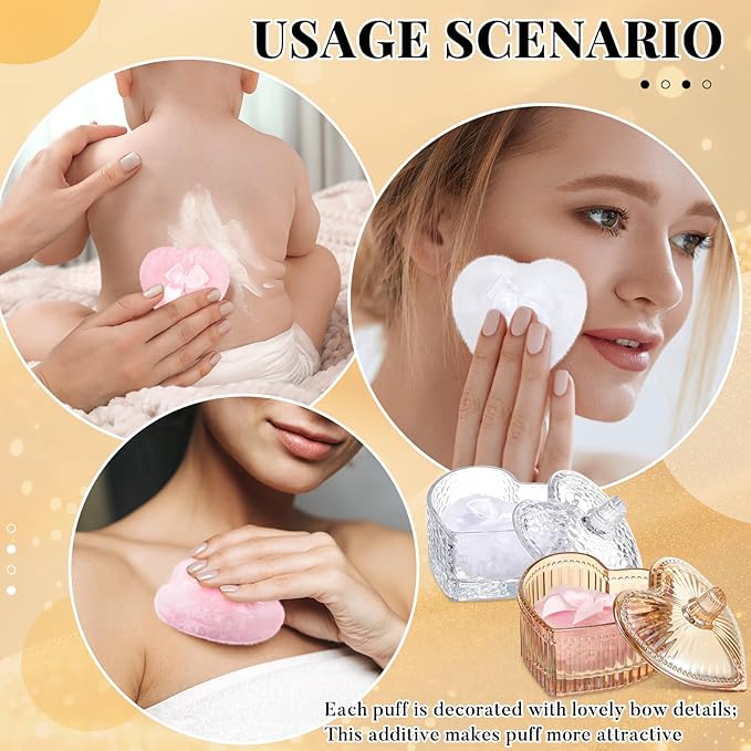 Tioncy 4 Pcs Large Body Powder Puff and Container Extra Large Body Powder Puff Dish Soft Washable Reusable Fluffy Makeup Sponge Wet Dry(Heart,Amber and Clear)