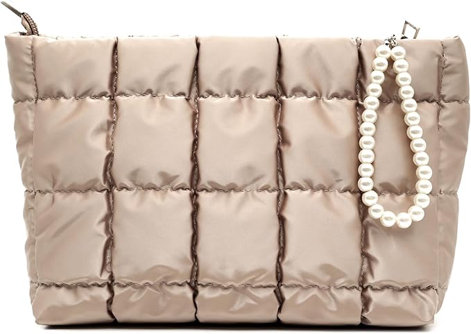 Puffer Quilted Makeup Bag Travel Cosmetic Bag Portable Puffy Checkered Toiletry Pouch Skincare Organizer Purse Pencil Case (Champagne Gold)