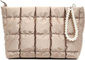 Puffer Quilted Makeup Bag Travel Cosmetic Bag Portable Puffy Checkered Toiletry Pouch Skincare Organizer Purse Pencil Case (Champagne Gold)
