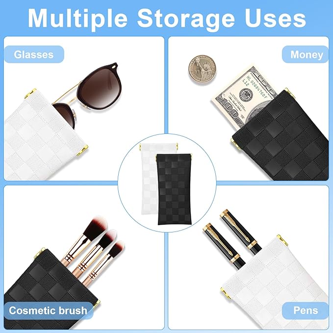 4Pcs Small Makeup Bag for Purse, Mini Checkered Leather Purse Pouches for Purse Small Makeup Pouch Small Coin Purse Organizer Pouches, Portable No Zipper Pocket Cosmetic Bag for Women (White, Black)