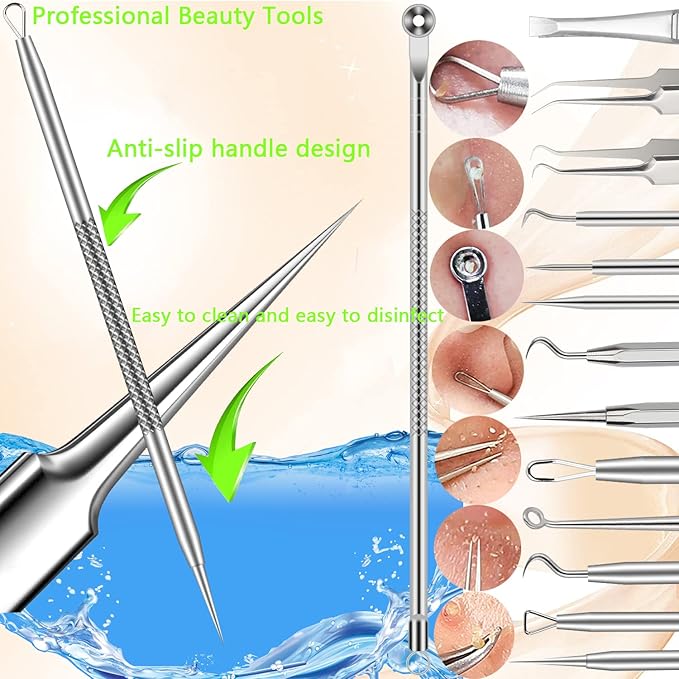 Pimple Popper Tool Kit, 16 Pcs Blackhead Remover Tools, Professional Tweezers Set Comedone Extractor Acne Tool for Zit Blemish Whitehead Cyst Eyebrows Removal, Beauty Tools for Face