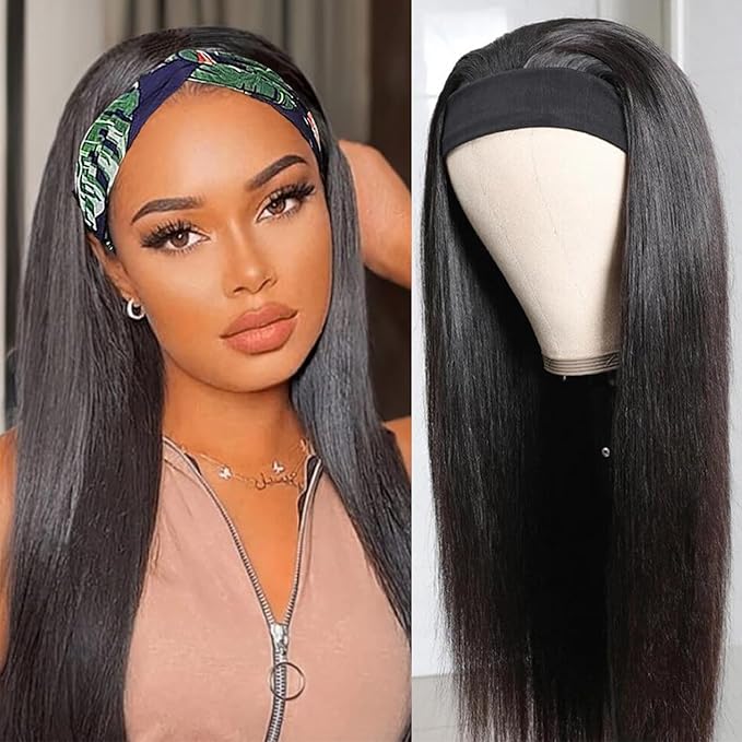 XSY Straight Headband Wig Human Hair Half Wigs for Black Women Glueless No Lace Wig Brazilian Virgin Human Hair Machine Made Headband Wigs 150% Density Natural Color 24 Inch