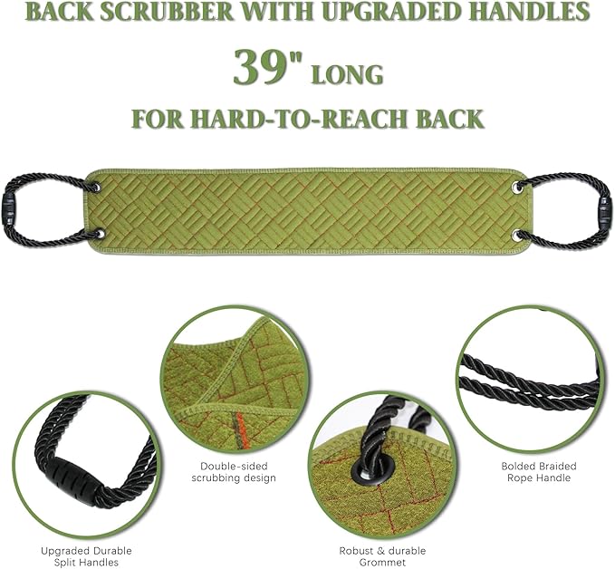 Back Scrubber with Upgraded Handles - 39Inch Double-Sided Body Exfoliator for Shower/Bath, Deep Cleansing Back Washer for Hard-to-Reach Areas, Unisex (Men & Women) (Green)