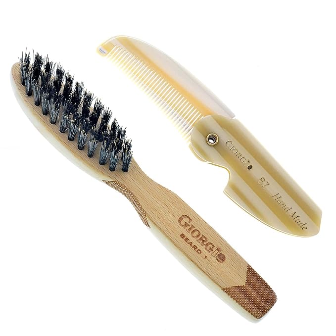 Giorgio G87IVY 2.5 Inch Men's Folding Pocket Comb Ivory - For Hair, Beard Grooming and Styling - Flexible Cellulose, Saw-cut & Hand Polished + 6 Inch Beard Brush