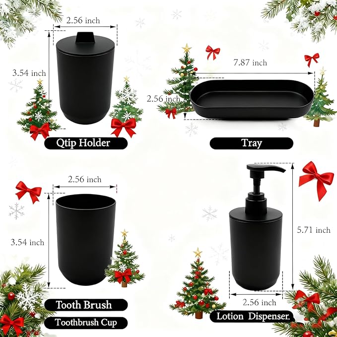 LGURT-4-piece Bathroom Accessories Set, with Toothbrush Holder, Lotion soap Dispenser, Qtip Holder Dispenser and Vanity Tray, Bathroom Counter top Vanity (Matte Black)