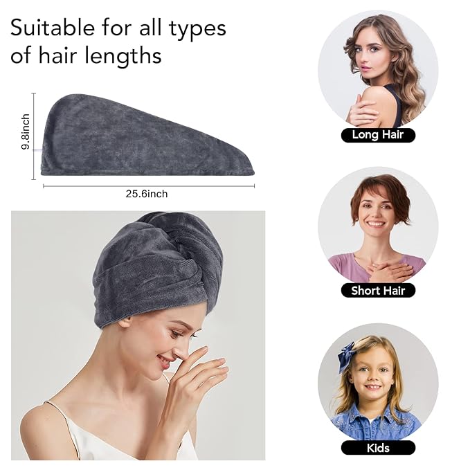 SINLAND Microfiber Hair Drying Cap Hair Towel Turban Twist for Women Fast Drying Towels Head Turban Absorbent Soft Lightweight 3 Pack Grey