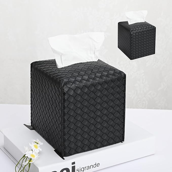 HOMOTEK 2 Pack Tissue Box Cover, Square PU Leather Tissue Holder, Decorative Facial Tissue Cube Paper Organizer Dispenser for Bathroom, Night Stands, Desk, Car 5X5X5'' - Woven Waffle,Dark Black