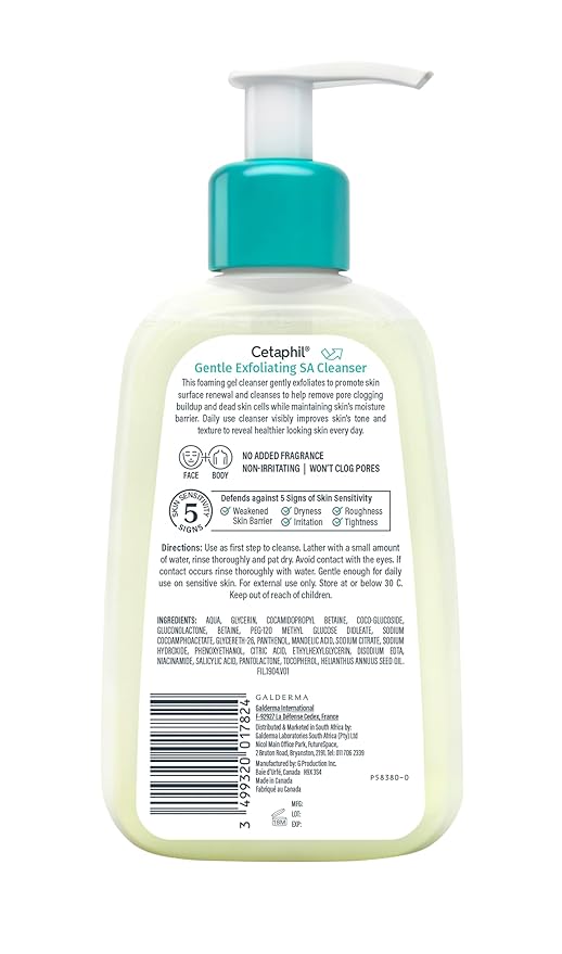 Cetaphil Gentle Exfoliating SA Cleanser, Foaming Gel Cleanser for All Skin Types, 8 Oz Pump Bottle, Salicylic Acid, Mandelic Acid & Gluconolactone, Gently Exfoliates, Dermatologist Recommended Brand