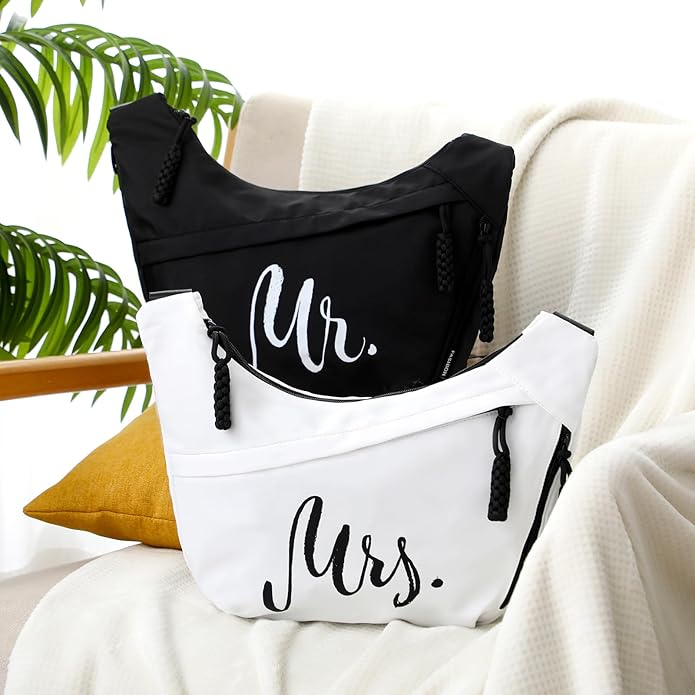2 Pcs Wedding Gift Mr Mrs Crescent Bag Mr Mrs Travel Sling Crossbody Bag with Adjustable Strap for Bride Groom Couple Bridal Shower Engagement Bachelorette Party Honeymoon Gifts, Black White