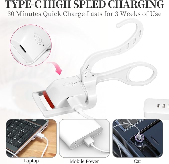 Heated Eyelash Curler, Rechargeable Electric Eyelash Curlers Fast Heat Up in 5s for 24 Hours Long Lasting, C-Shaped Safe Anti-Burn Quick Natural Eyelash Separator Tool Lash Comb (White)