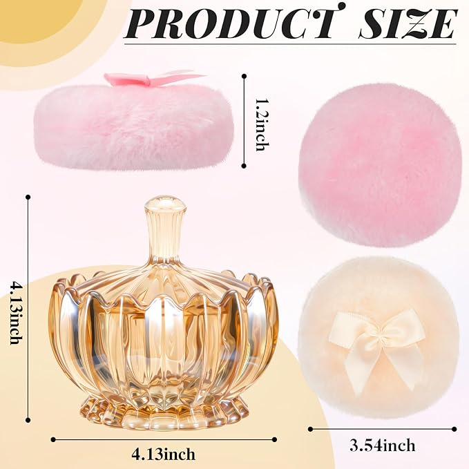 Tioncy 3 Pcs Large Body Powder Puff and Container Valentine's Day gift Powder Container with Puff Crystal Case Soft Washable Reusable Velour Face Body Glitter Wet Dry Makeup(Scalloped,Amber)