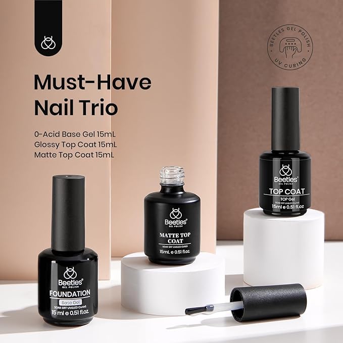 Beetles 3Pcs 15ml Base Gel & No Wipe Top Coat Nail Polish Matte Coat Set, Shine Finish and Long Lasting, Soak Off LED Nail Lamp Art DIY Design Gifts for Women Her