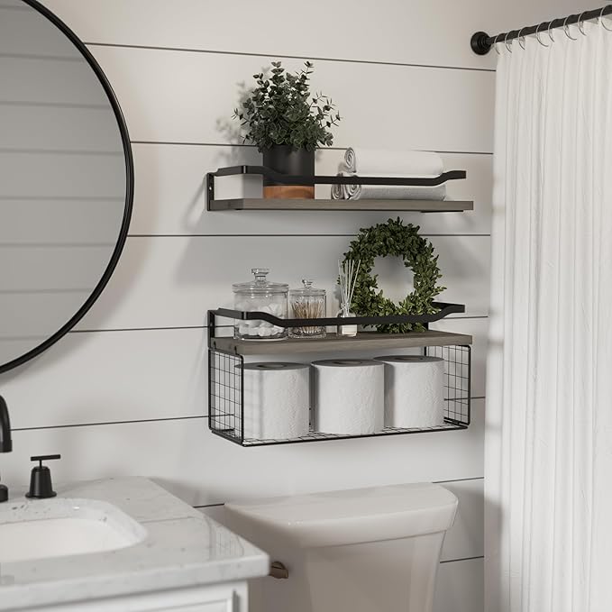 WOPITUES Floating Shelves with Wire Storage Basket, Bathroom Shelves Over Toilet with Protective Metal Guardrail, Wood Wall Shelves for Bathroom Organizers and Storage, Toilet Paper- Gray