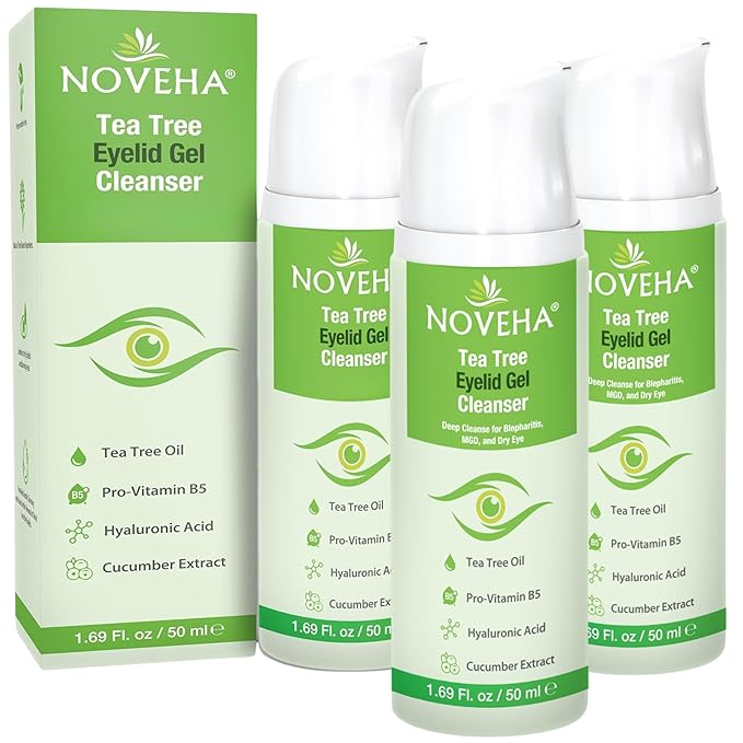 NOVEHA Tea Tree Eyelid Gel Cleanser - for Blepharitis, MGD, and Dry Eye with Pro-Vitamin B5, Hyaluronic Acid, and Cucumber Extract - Gentle Cleansing, Soothes Itchy Eyelid and Burning Eyes - 3PK-50mL