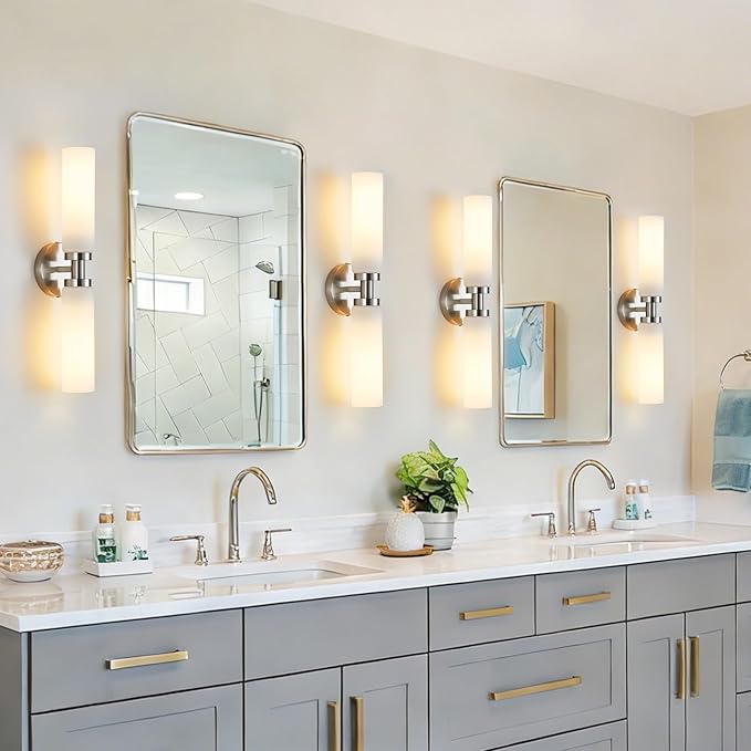 2 Light Brushed Nickel Bathroom Light Fixture Over Mirror, Modern Farmhouse Bathroom Vanity Light with Milky White Frosted Glass Shade, Wall Sconce for Hallway Cabinet Bedroom Porch