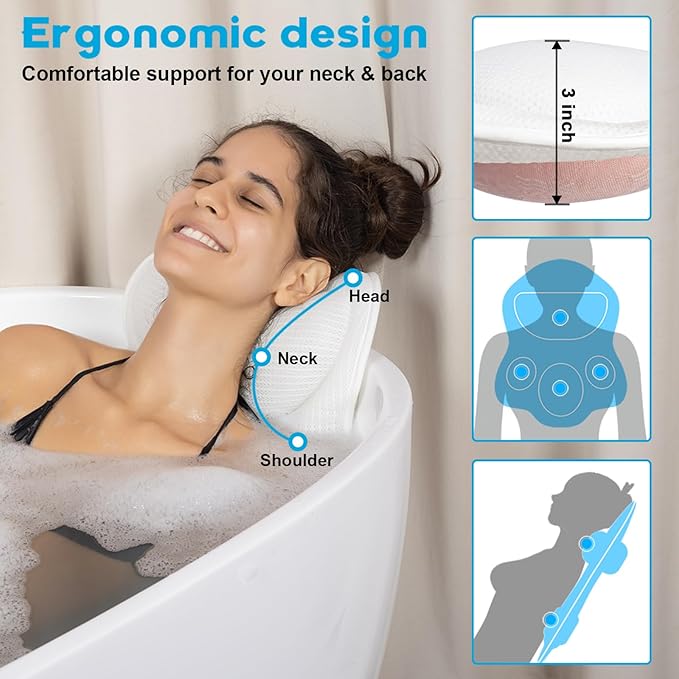 Bath Pillows for Tub Neck and Back Support - Upgraded Non-Slip Rubber Backing & 6 Suction Cups, 4D Air Mesh Spa Bathtub Cushion for Head Rest, Machine Washable with Laundry Bag & Hook(White)