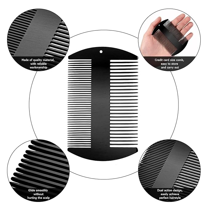 Boao 2 Pcs Metal Hair Combs for Women Men Stainless Steel Beard Mustache Comb Credit Card Size Lice Wallet Pocket Fine Cutting Teasing Barber Hair Styling Dandruff Remove Dreadlock(Black)