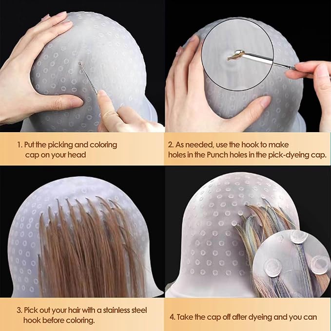 2 Sets Highlighting Cap with Hook, Silicone Highlight Cap, Hair Cap for Highlight Bleach Cap, Hair Dye Cap with Holes, Highlight Caps for Dying Hair, Hair Highlight Kit for Home and Salon Use(White)