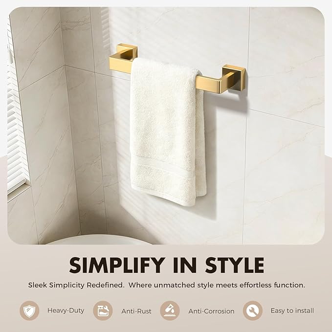 Bathroom Accessory Towel Bar Set: 15 Pieces Gold Bathroom Hardware Square SUS304 Stainless Steel - Wall Mounted Towel Rack&Toilet Paper Holder&Towel Ring and Towel Hook