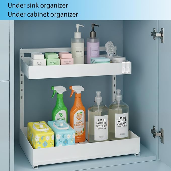 Under Sink Organizer, Bathroom Counter Organizer, 2 Pack 2 Tier L-Shape White, Adjustable Height Carbon Steel, Under Cabinet Storage with Pull Out Drawer, Use for Kitchen Bathroom Office Shop Laundry