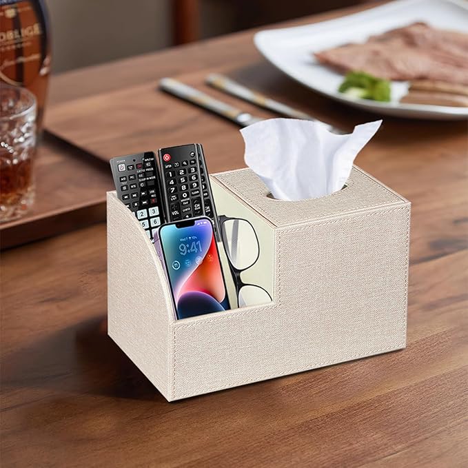 PU Leather Square Tissue Box Cover - Multi-Functional Tissue Box Holder, Tissue Box Cover with Storage ,Tissue and Remote Control Holder, Cube Tissue Box Organizer Bedroom Nightstand End Table