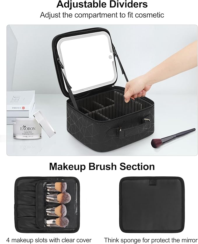 Relavel Travel Makeup Bag With LED Mirror for Women, Cosmetic Organizer Bag with Adjustable Brightness in 3 Color Scenarios, Detachable Dividers, Waterproof Train Case for Daily - Black Strip