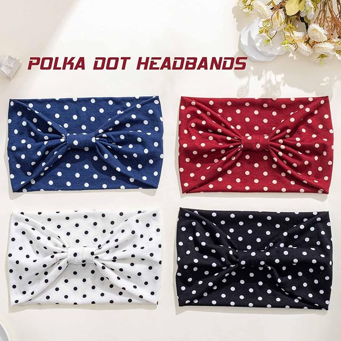 Olbye Wide Boho Headbands Floral Stretch Head Wraps Turban Knotted Yoga Hairbands Workout Hair Accessories for Women 4Pcs (Polka Dot, 9.4 * 5.9'')