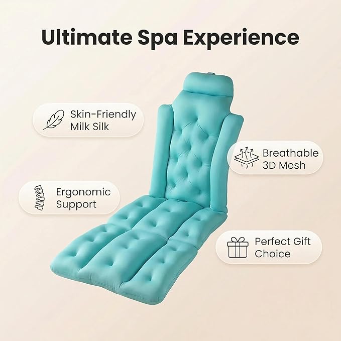 Full Body Bath Pillow for Bathtub, Thick & Luxury Bathtub Cushion with 144 Suction Cups, Bathtub Pillows for Head & Neck, Back Support, Ideal Bath Accessories for Gifts Spa, Soaking, Tub (Blue)