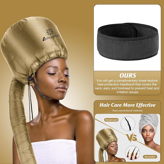Bonnet Hood Hair Dryer Attachment - Soft, Adjustable Extra Large Bonnet Hair Dryer for Speeds Up Drying Time at Home, Easy to Use for Styling, Curling and Deep Conditioning (Gold)