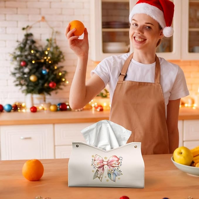 Pink Bows Tissue Box Cover Rectangle, Snowflake Winter Holiday Decor Tissue Box Holder Organizer, Bow Decor for Bathroom Kitchen Car, Farmhouse Christian Gifts for Women Girls 9.8x5.9x5.9