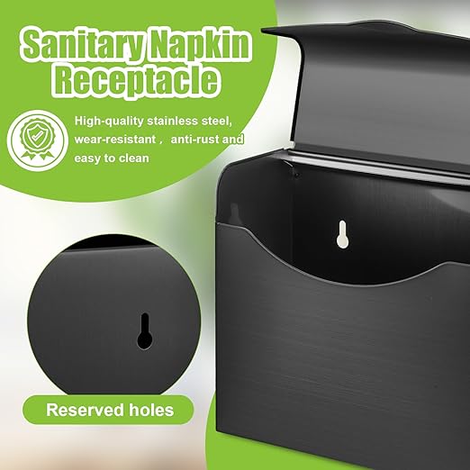 Tioncy 1 Pack Sanitary Napkin Disposal Receptacle with Feminine Hygiene Disposal Bag Stainless Steel Tampon Bin Trash Can Wall Mounted Waste Tampon Holder Feminine Hygiene Container (Black)