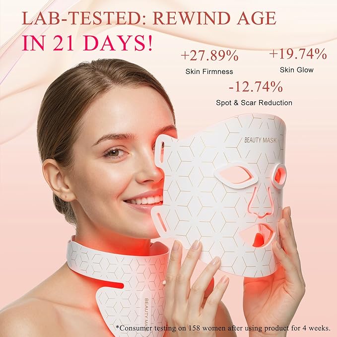 Red Light Therapy for Face & Neck,Red Light Mask with 850nm NIR, 7-1 Colors LED Light Therapy mask, Rechargeable LED Face & Neck Mask for Anti-Aging,Skin Firming & Radiant Glow at Home