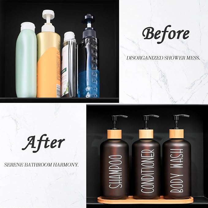 MOMEEMO Amber Shower Dispenser Set, Contains 3 Extra-Thick PET Plastic Bottles with Bamboo Pumps, Shampoo and Conditioner Dispenser for Shower Perfect for Modern Bathroom Decor. (Amber)