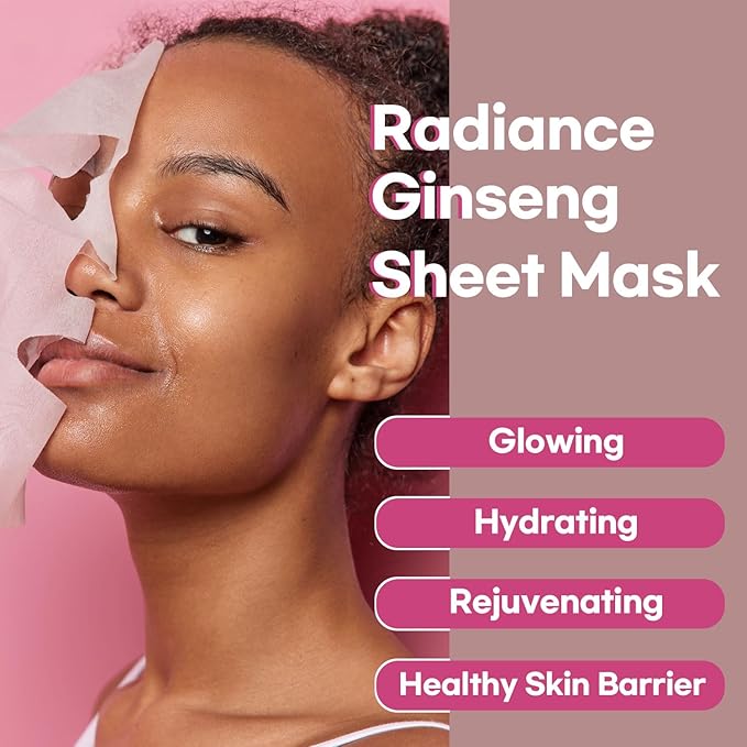 Radiance Ginseng Sheet Masks - Hydrating Face Masks for Healthy and Strengthening Skin Barrier - Vegan, Cruelty Free Korean Face Mask