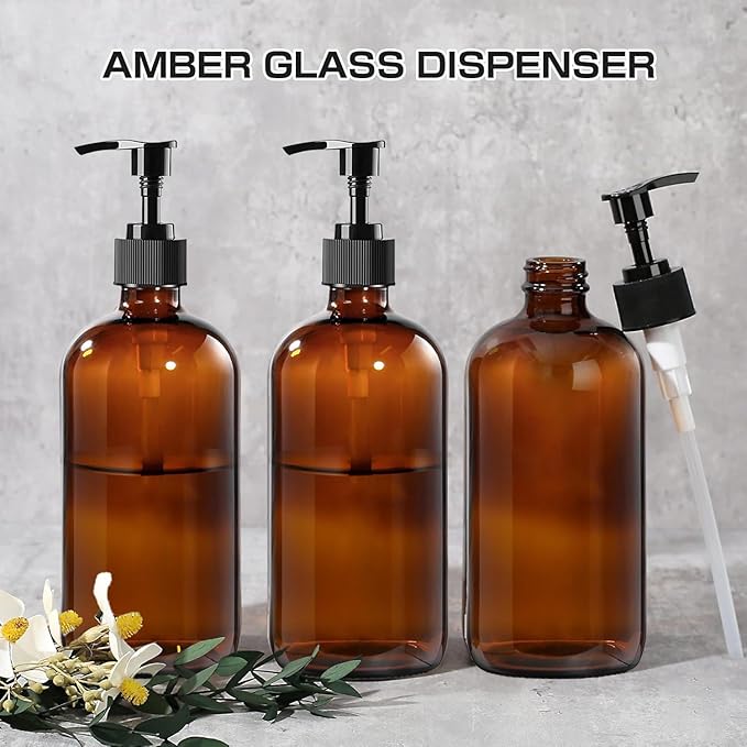 4 Pack 16 oz Amber Glass Bottles with Pumps for Shampoo, Essential Oils, Cleaning Products, Lotions, Aromatherapy Oil, Pump Bottles, Refillable Containers with Cap, 8 Chalk Labels, 1 Pen