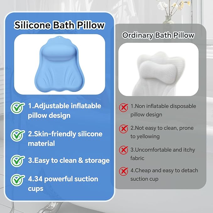 Luxury Silicone Bath Pillow for Tub, New Cloud-Soft 4D Air-Cushion Bathtub Pillow for Head and Neck & Back Support, Strong Suction Cups, Waterproof Quick-Dry Bathtub Headrest (Blue)