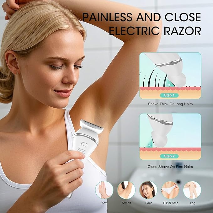 Epilators Hair Removal for Women-2 in 1 Eletctric Razors for Women,Dual Head Bikini Trimmer for Pubic Hair/Lady Facial Razor,Cordless Epilator Body Shaver for Smooth Wet/Dry Shaving,Led Light