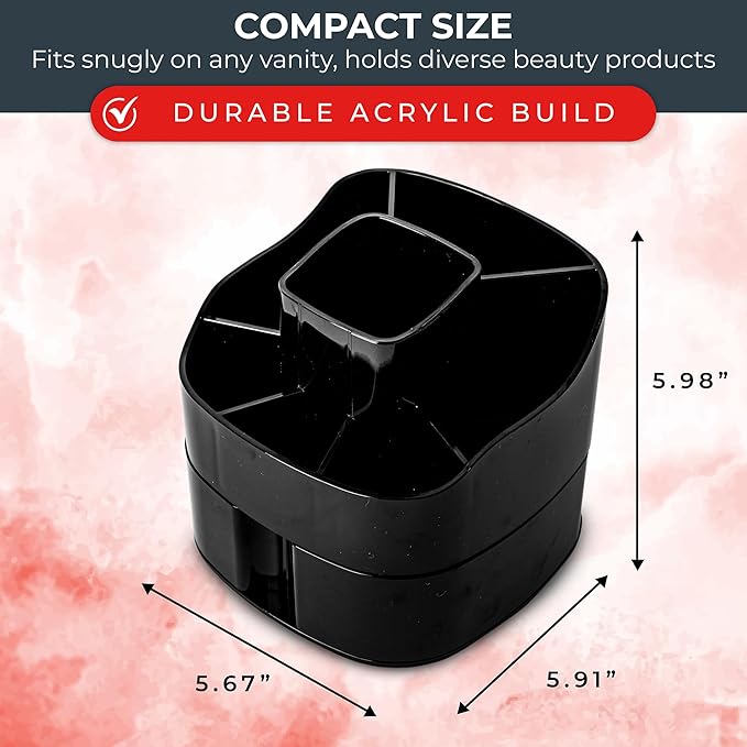 Masirs Small 360 Rotating Makeup Organizer - Mini Yet Spacious Cosmetic Storage Solution with Multiple Compartments - The Perfect Spinning Make-Up Caddy for Vanity or Bathroom Counter (Square - Black)