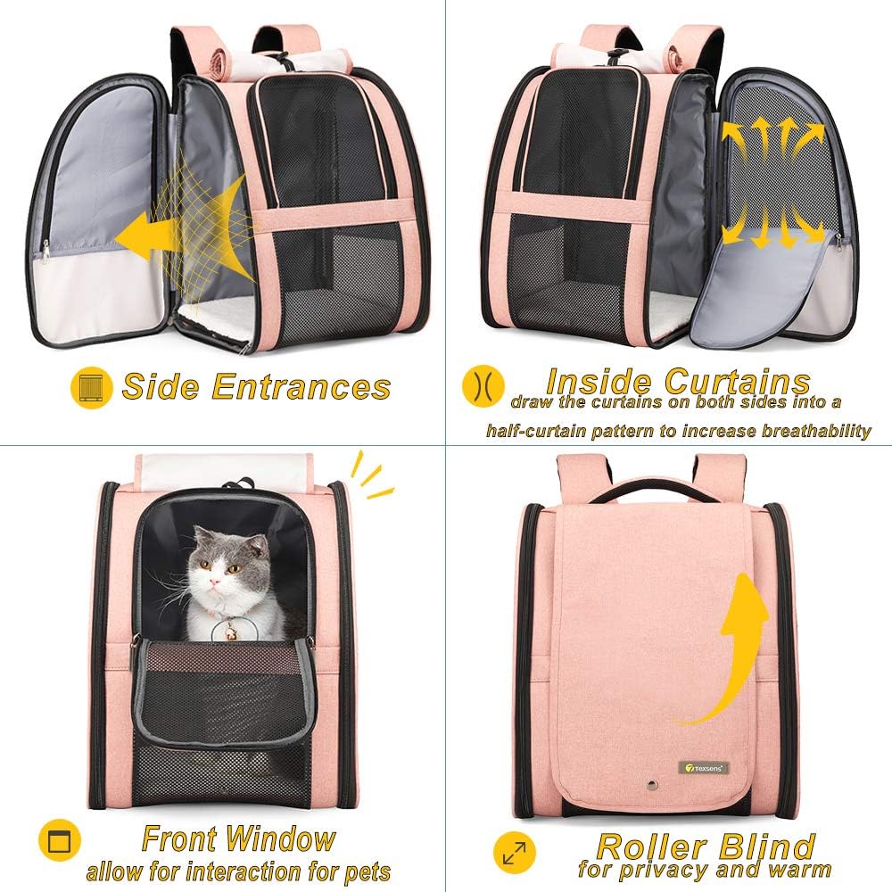Texsens Pet Carrier Backpack with Window Blind for Small Cats Dogs, Ventilated Design, Safety Straps, Buckle Support, Collapsible, Designed for Travel, Hiking, Winter Outing, Outdoor, Go to Vet