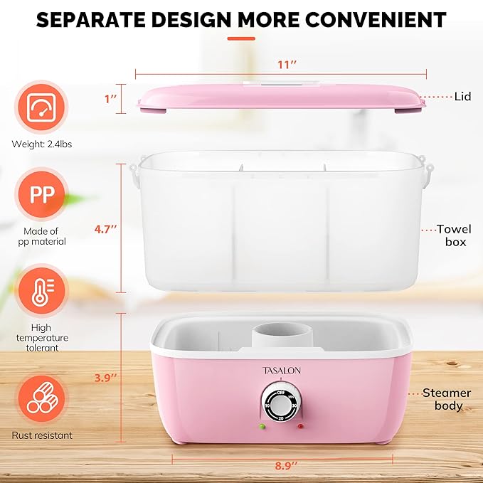 TASALON Hot Towel Steamer for Facials, Hot Towel Warmer Quickly Heats Up in 5 Minutes, Portable Towel Machine Fits 16 Mini Towels, Salon Equipment Towel Warmer for Facials, Spa, Massage, Pink